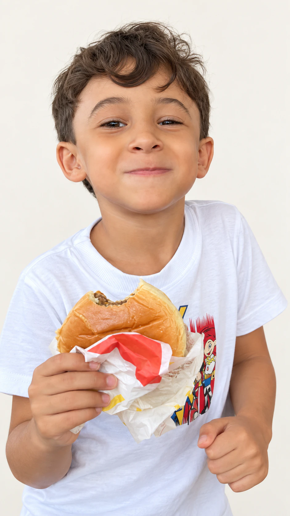 Menino com camiseta branca segurando um lanche sobre fundo claro